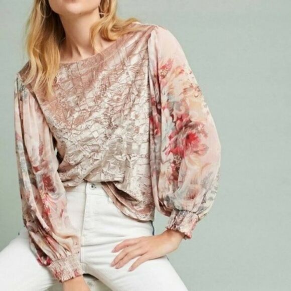 Anthropologie | Meadow Rue crushed velvet sheer balloon sleeve top | S - Picture 4 of 9